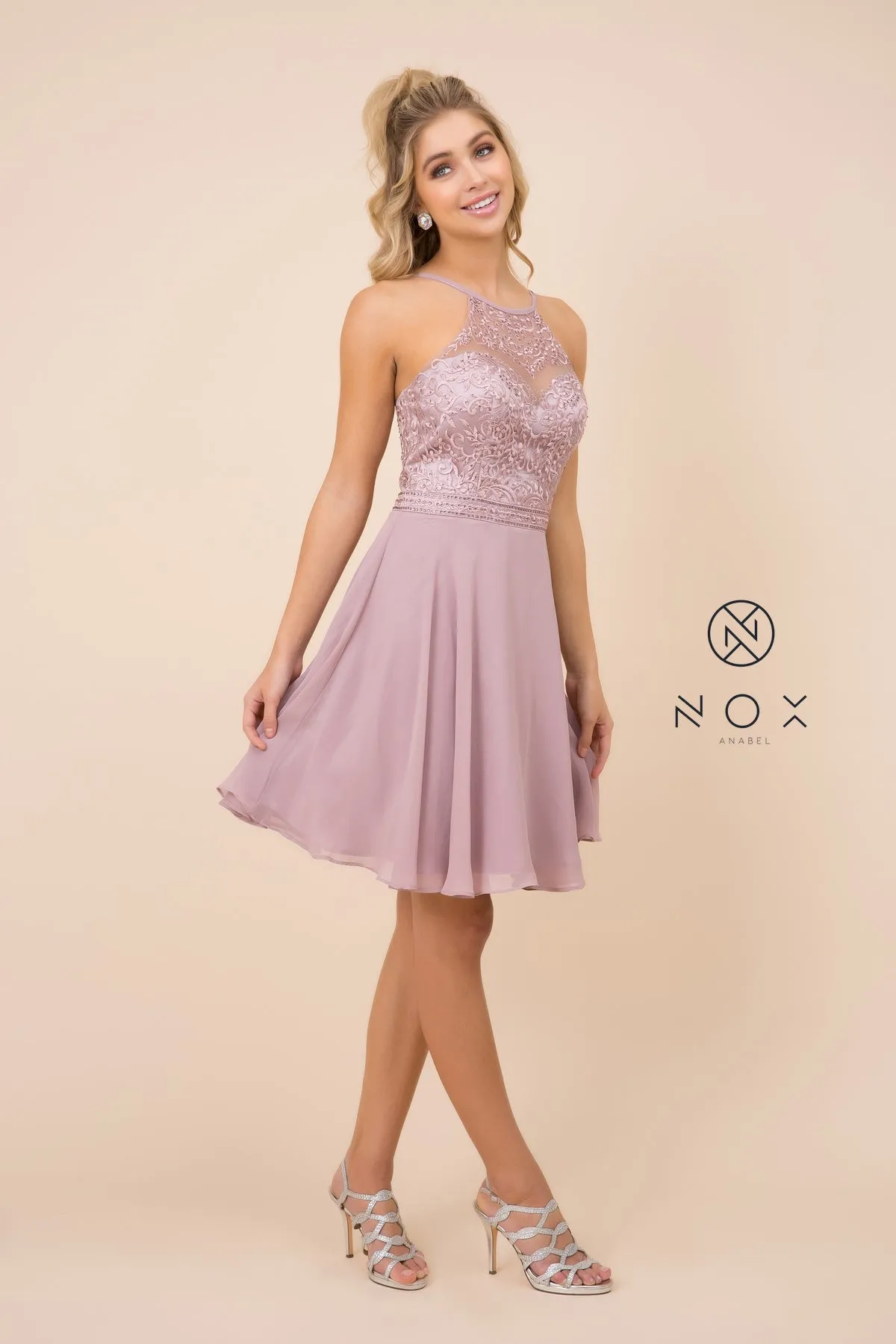 EMBELLISHED ILLUSION HALTER CHIFFON DRESS