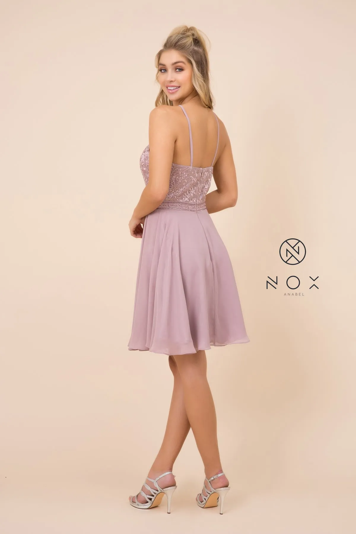 EMBELLISHED ILLUSION HALTER CHIFFON DRESS