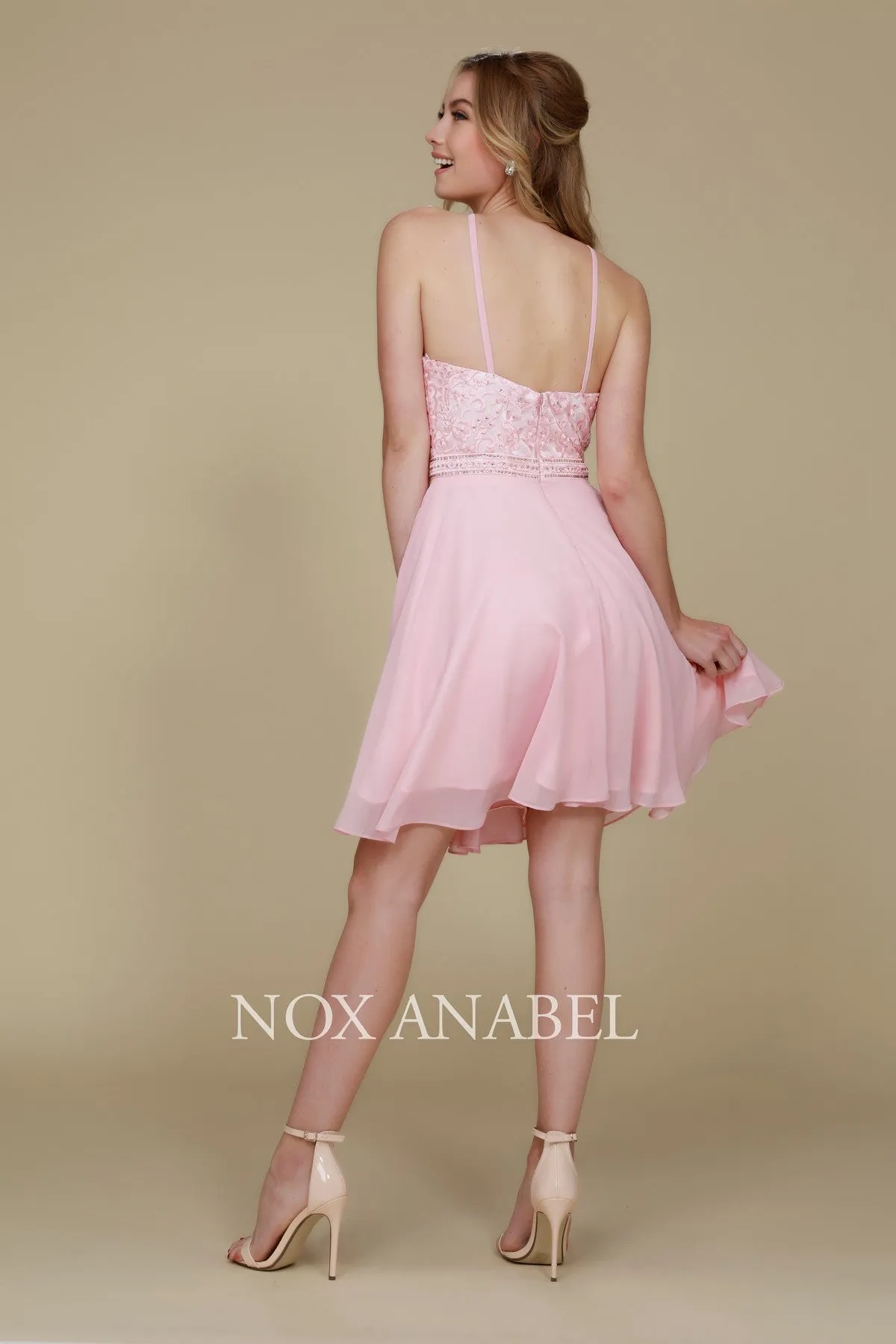 EMBELLISHED ILLUSION HALTER CHIFFON DRESS