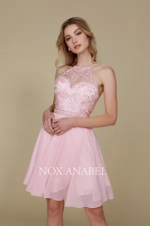 EMBELLISHED ILLUSION HALTER CHIFFON DRESS