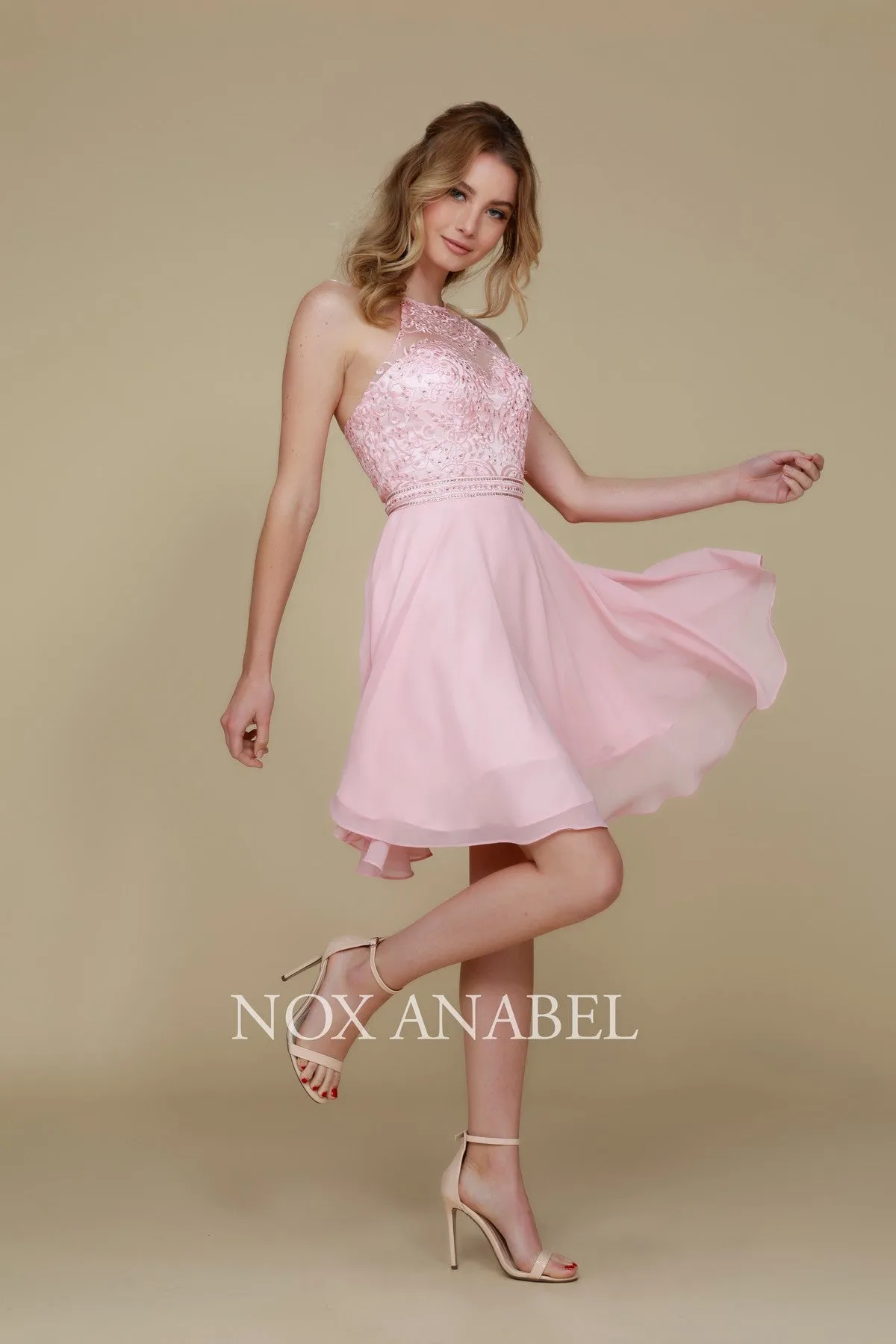 EMBELLISHED ILLUSION HALTER CHIFFON DRESS