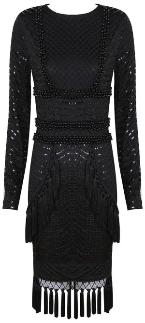 Embellished Tassel Macrame Overlay Dress, Black