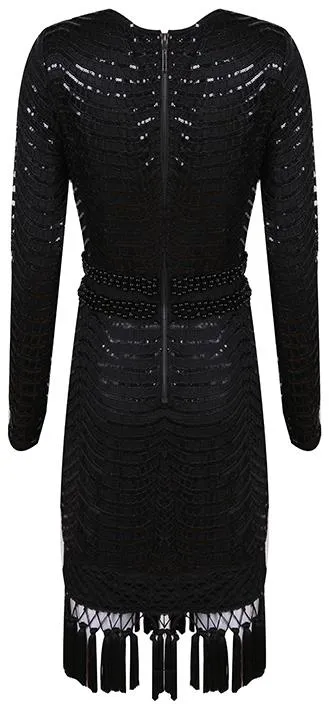 Embellished Tassel Macrame Overlay Dress, Black