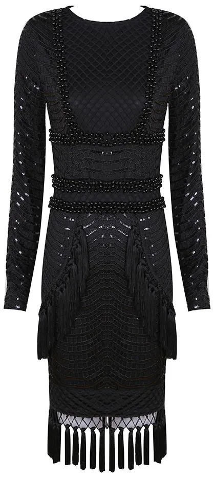 Embellished Tassel Macrame Overlay Dress, Black