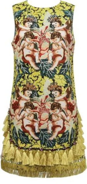 Embellished Tassel-Trim Cupid Print Mini Dress
