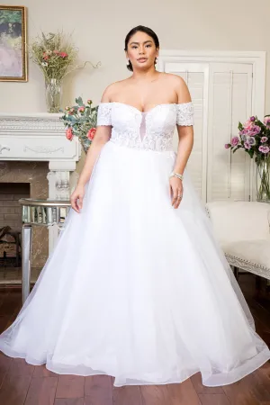 Embroidered Bodice Cut-Away Shoulder Glitter Mesh Wedding Gown Sequin Mesh Lining - Mask Not Included GLGL1936