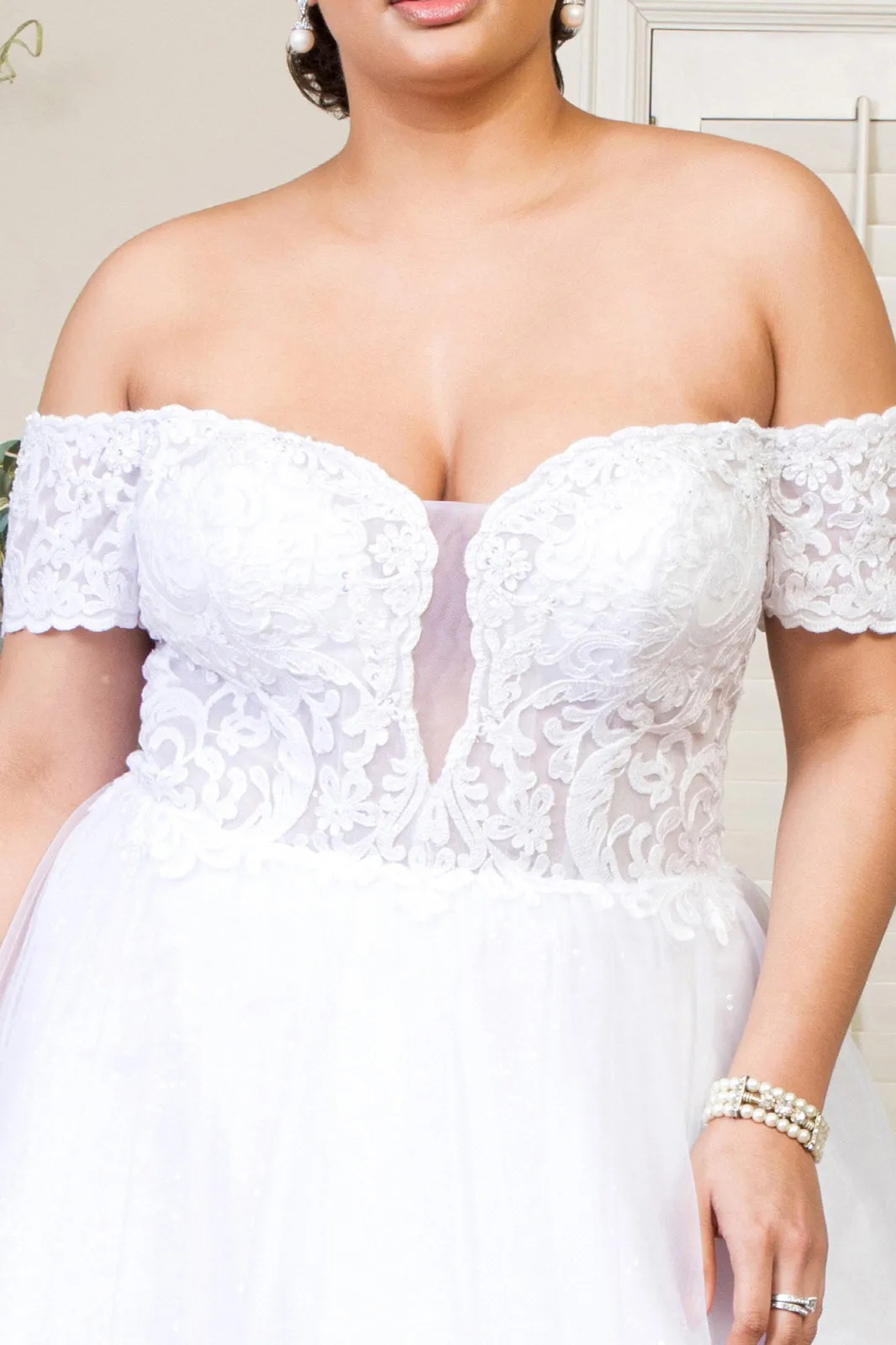 Embroidered Bodice Cut-Away Shoulder Glitter Mesh Wedding Gown Sequin Mesh Lining - Mask Not Included GLGL1936