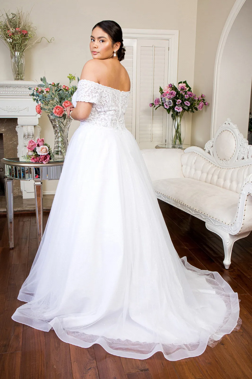 Embroidered Bodice Cut-Away Shoulder Glitter Mesh Wedding Gown Sequin Mesh Lining - Mask Not Included GLGL1936