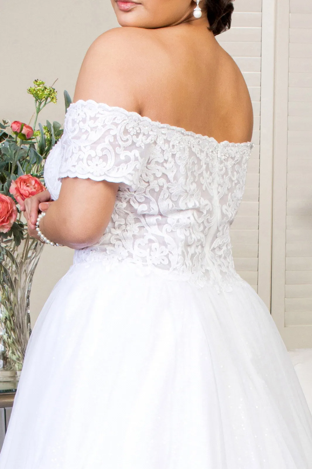 Embroidered Bodice Cut-Away Shoulder Glitter Mesh Wedding Gown Sequin Mesh Lining - Mask Not Included GLGL1936