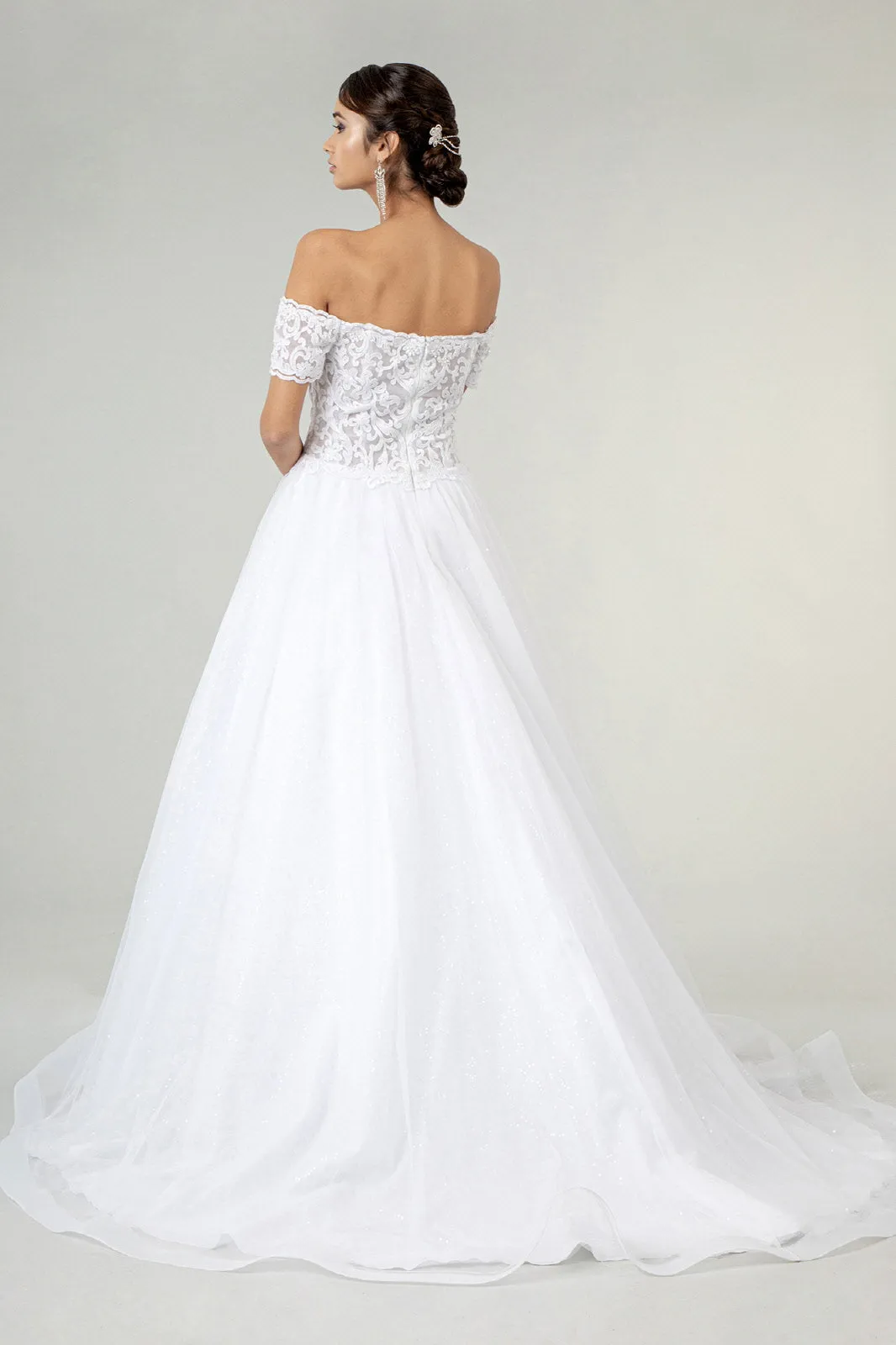 Embroidered Bodice Cut-Away Shoulder Glitter Mesh Wedding Gown Sequin Mesh Lining - Mask Not Included GLGL1936