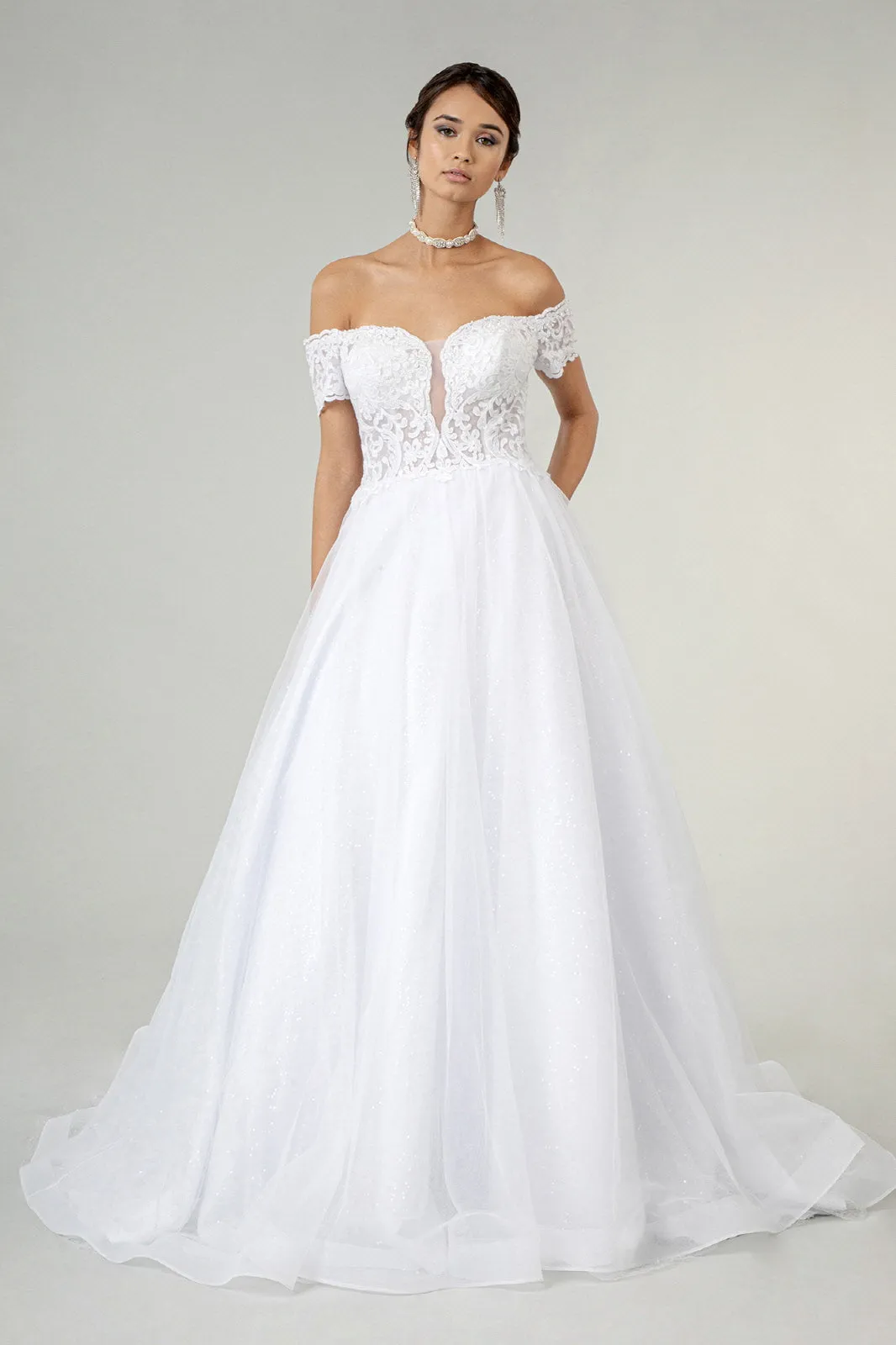 Embroidered Bodice Cut-Away Shoulder Glitter Mesh Wedding Gown Sequin Mesh Lining - Mask Not Included GLGL1936