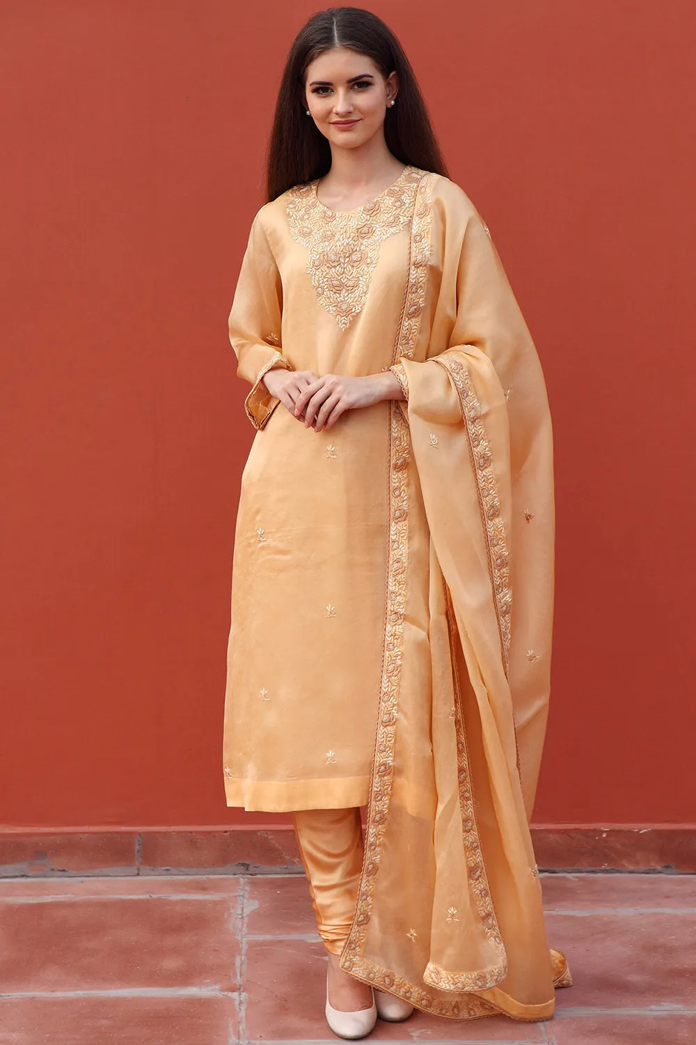 Embroidered Caramel & Beige Kurta Set