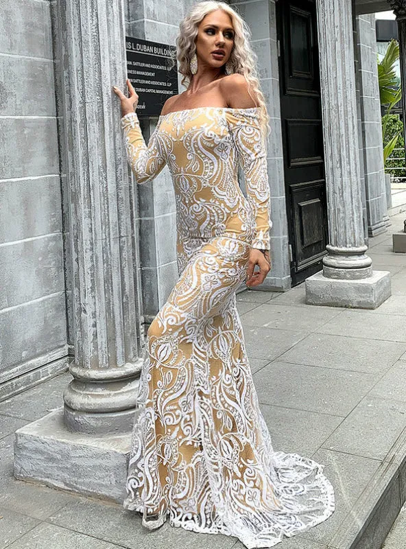 Embroidered Lace Off the Shoulder Long Sleeve Party Dress