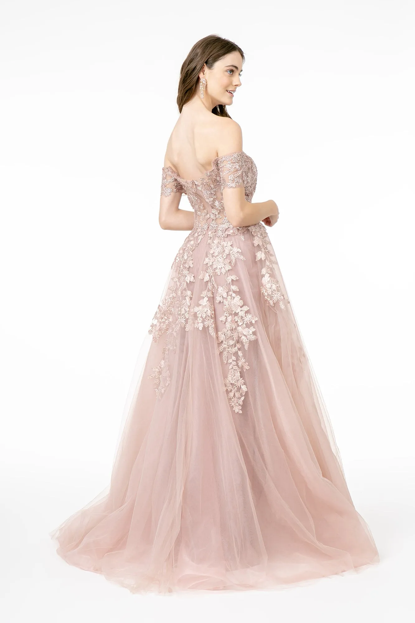 Embroidered Mesh A-Line w/ V-Back Long Prom Dress GLGL2885