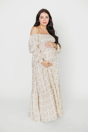 Emerson 100% Cotton Gauze Maxi Dress in Natural/Tan Floral - Bump Friendly Emerson 100% Cotton Gauze Maxi Dress in Natural/Tan Floral - Bump Friendly