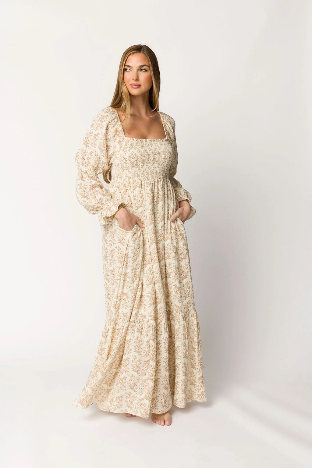 Emerson 100% Cotton Gauze Maxi Dress in Natural/Tan Floral - Bump Friendly