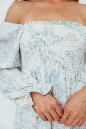 Emerson 100% Cotton Smocked Maxi Dress with Long Sleeves in Blue Toile - Bump Friendly Emerson 100% Cotton Smocked Maxi Dress with Long Sleeves in Blue Toile - Bump Friendly