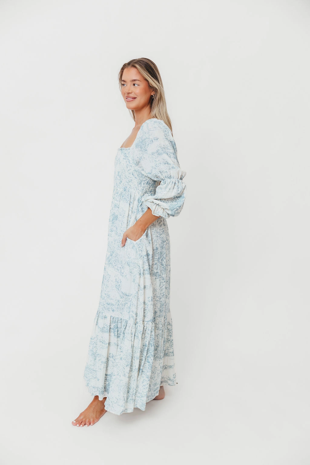 Emerson 100% Cotton Smocked Maxi Dress with Long Sleeves in Blue Toile - Bump Friendly