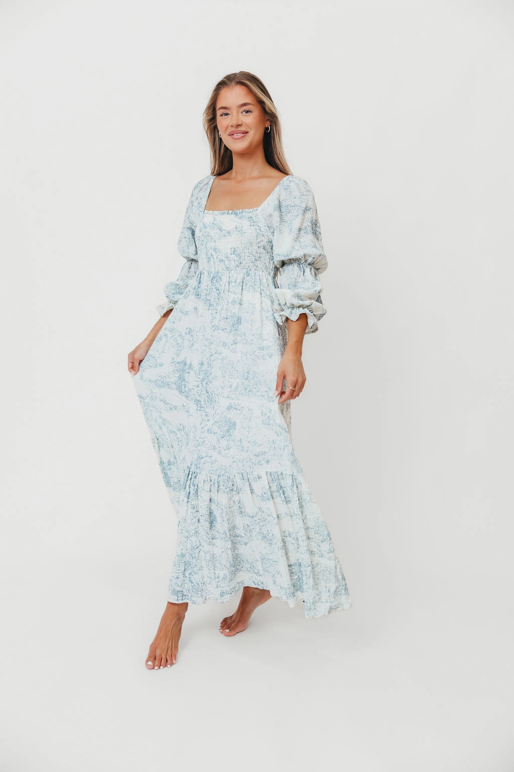 Emerson 100% Cotton Smocked Maxi Dress with Long Sleeves in Blue Toile - Bump Friendly