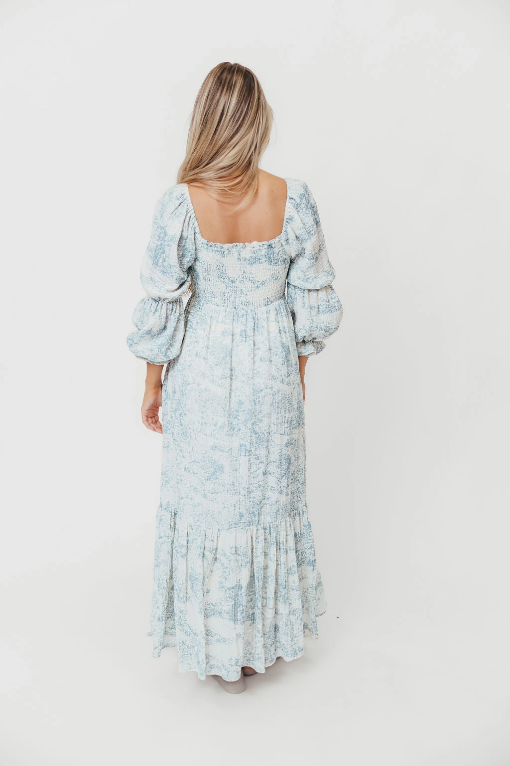 Emerson 100% Cotton Smocked Maxi Dress with Long Sleeves in Blue Toile - Bump Friendly