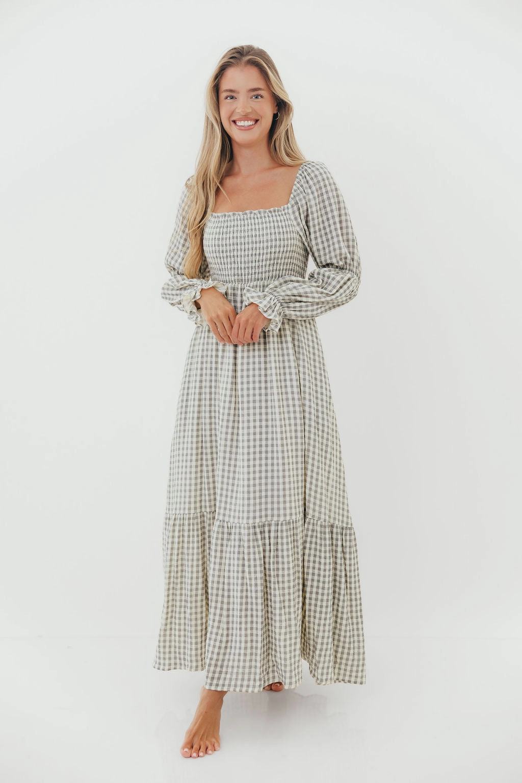 Emerson 100% Cotton Smocked Maxi Dress with Long Sleeves in Gray Sky - Bump Friendly - Restocking in Nov