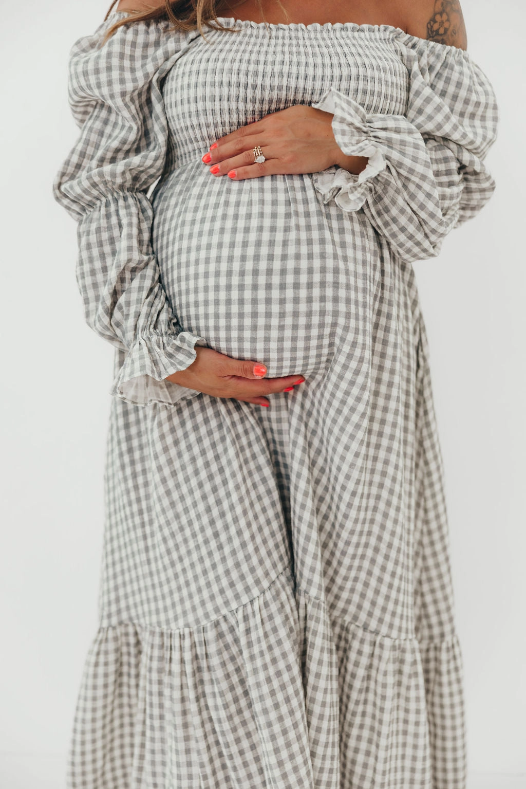 Emerson 100% Cotton Smocked Maxi Dress with Long Sleeves in Gray Sky - Bump Friendly - Restocking in Nov