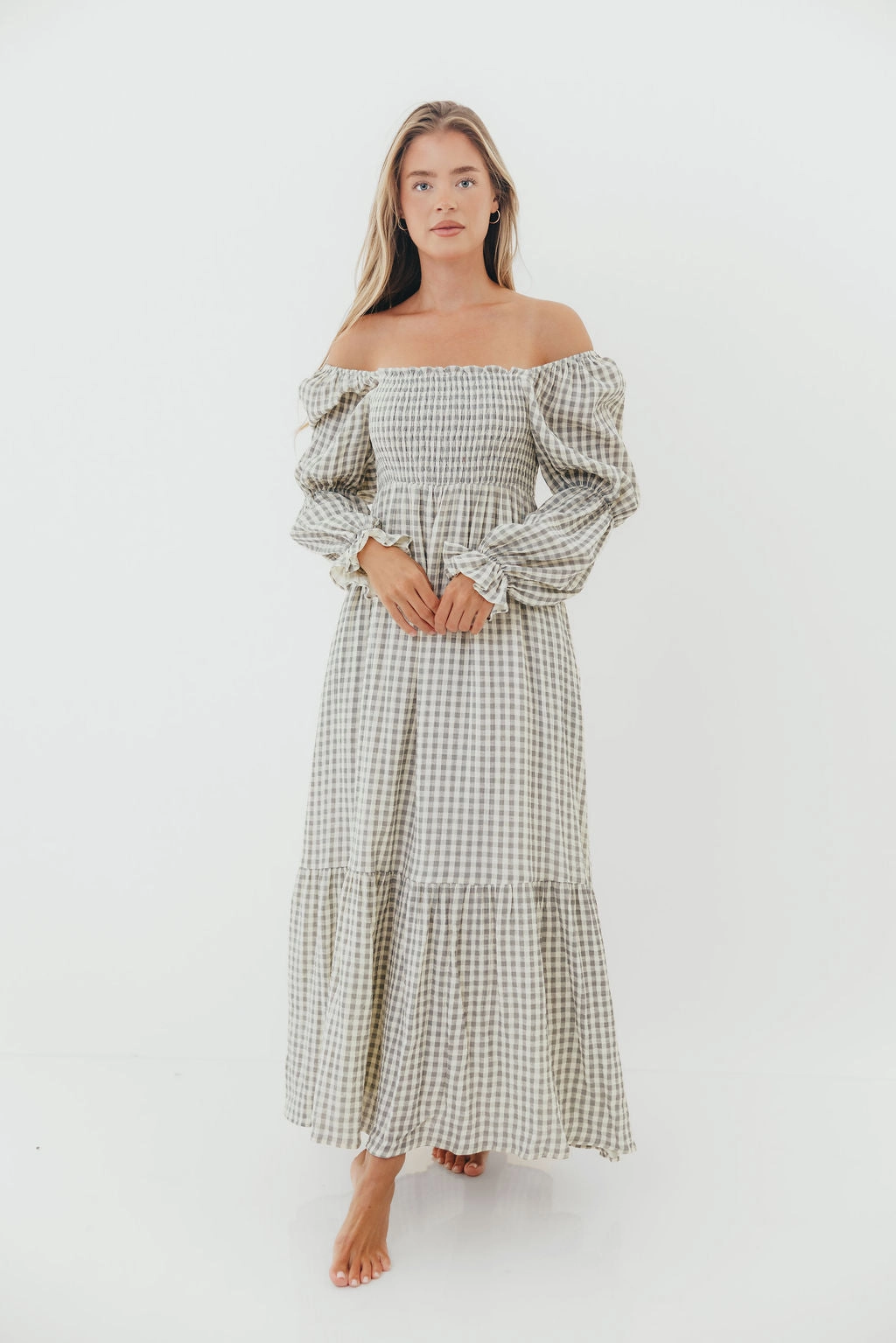 Emerson 100% Cotton Smocked Maxi Dress with Long Sleeves in Gray Sky - Bump Friendly - Restocking in Nov