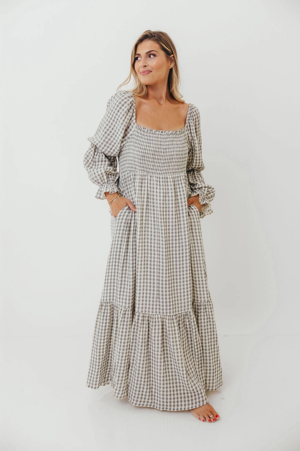 Emerson 100% Cotton Smocked Maxi Dress with Long Sleeves in Gray Sky - Bump Friendly - Restocking in Nov