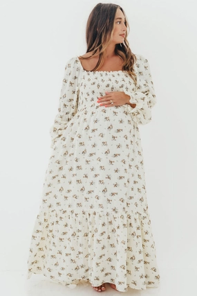 Emerson 100% Cotton Smocked Maxi Dress with Long Sleeves in Off White - Bump Friendly Emerson 100% Cotton Smocked Maxi Dress with Long Sleeves in Off White - Bump Friendly