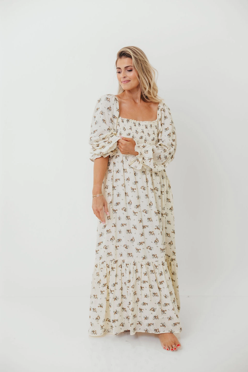 Emerson 100% Cotton Smocked Maxi Dress with Long Sleeves in Off White - Bump Friendly