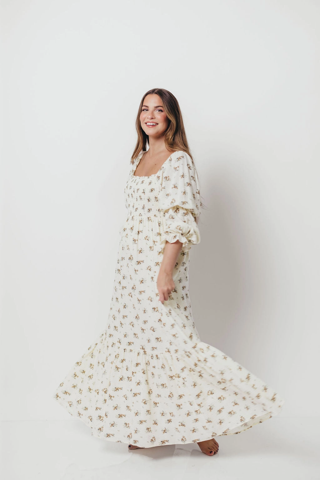 Emerson 100% Cotton Smocked Maxi Dress with Long Sleeves in Off White - Bump Friendly