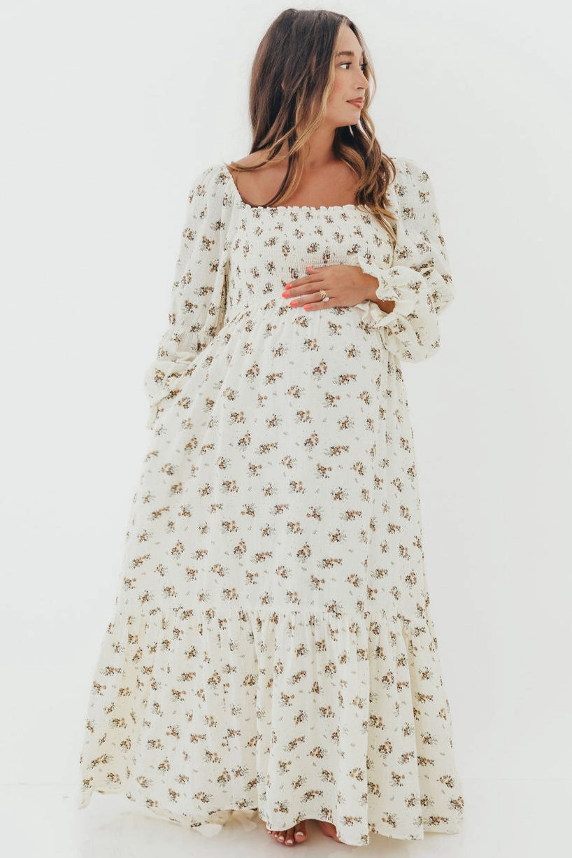 Emerson 100% Cotton Smocked Maxi Dress with Long Sleeves in Off White - Bump Friendly