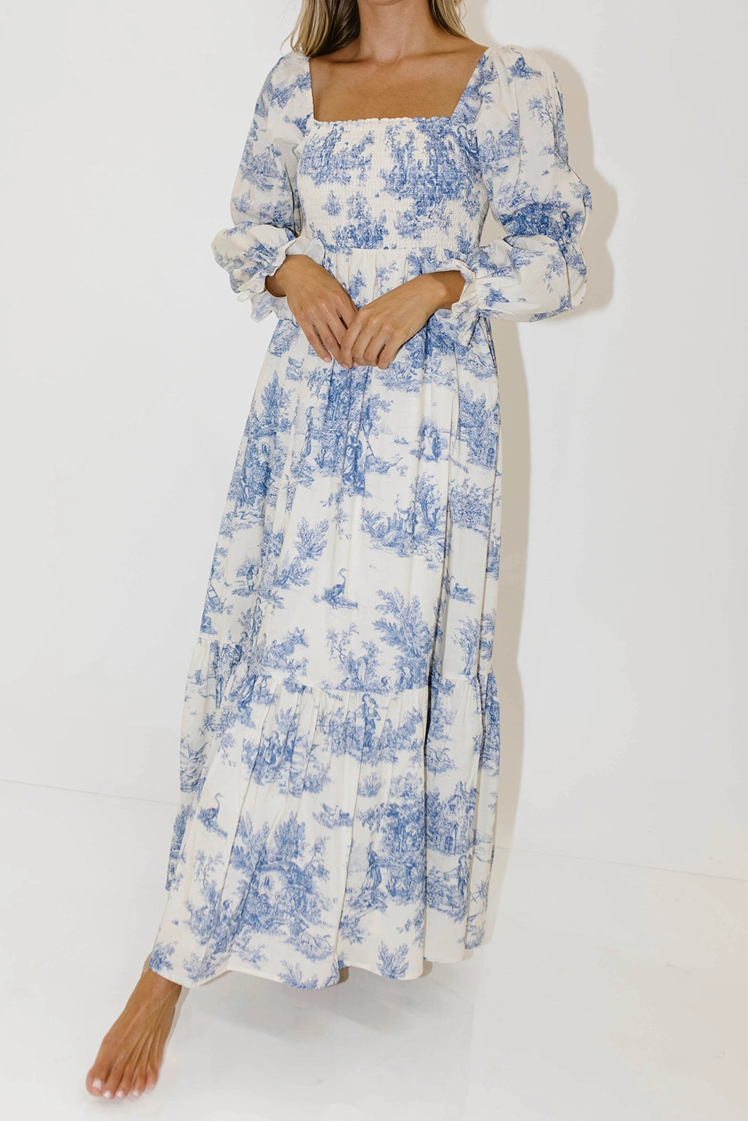 Emerson 100% Cotton Smocked Maxi Dress with Long Sleeves in Scenic Blue - Bump Friendly & Inclusive Sizing