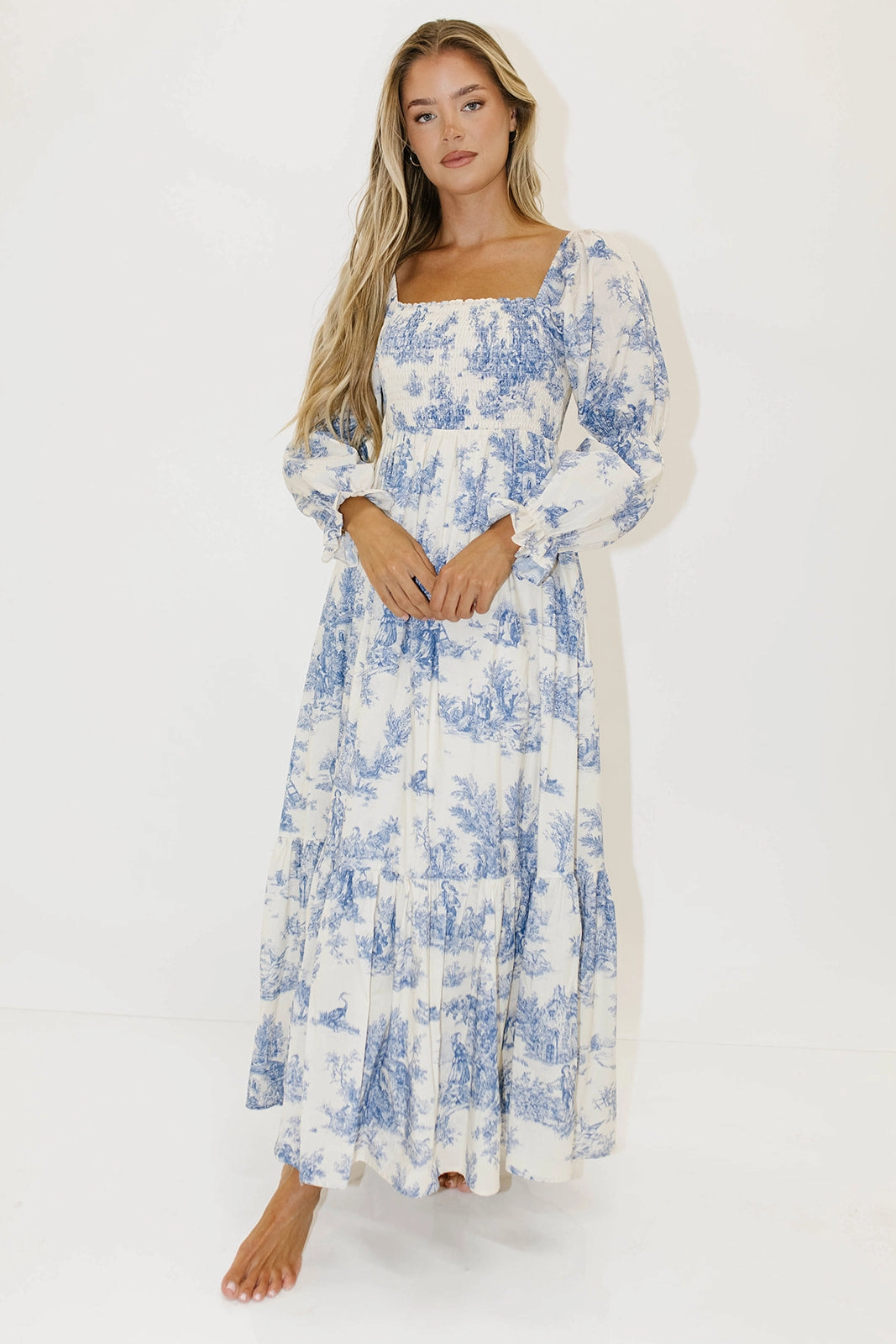 Emerson 100% Cotton Smocked Maxi Dress with Long Sleeves in Scenic Blue - Bump Friendly & Inclusive Sizing