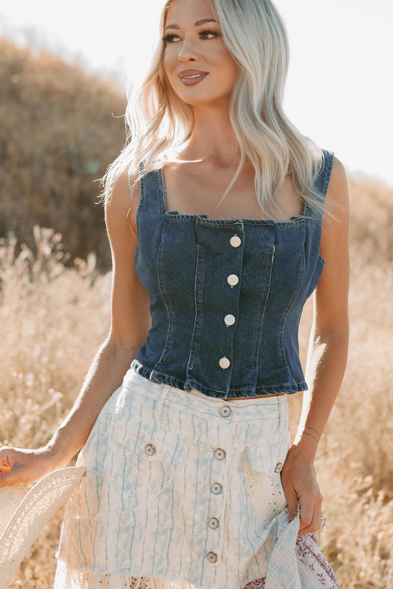 End Of Beginning Pleated Denim Tank Top (Denim)