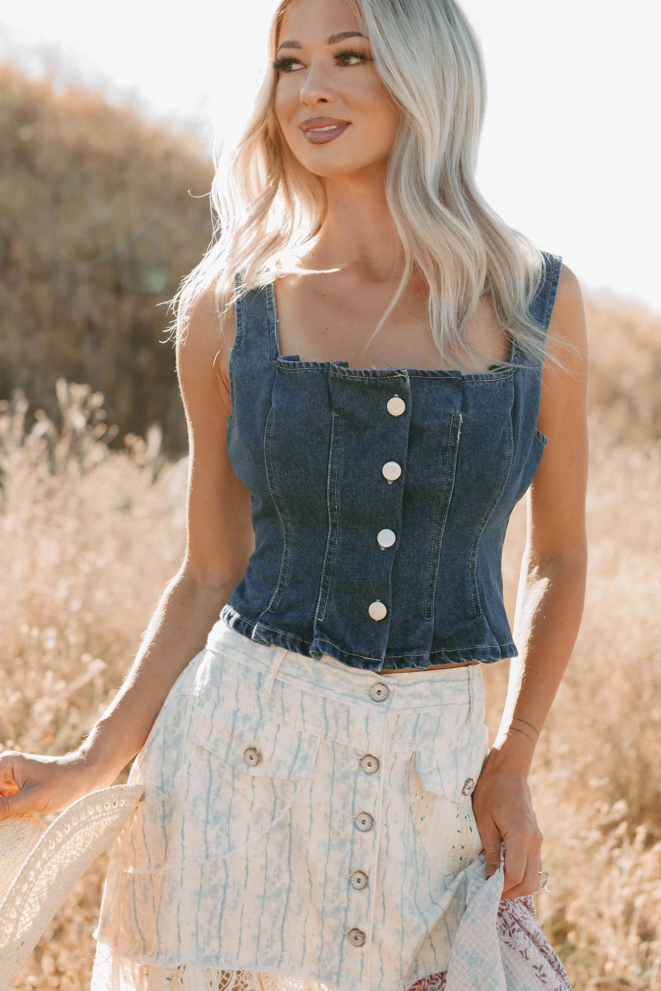 End Of Beginning Pleated Denim Tank Top (Denim)