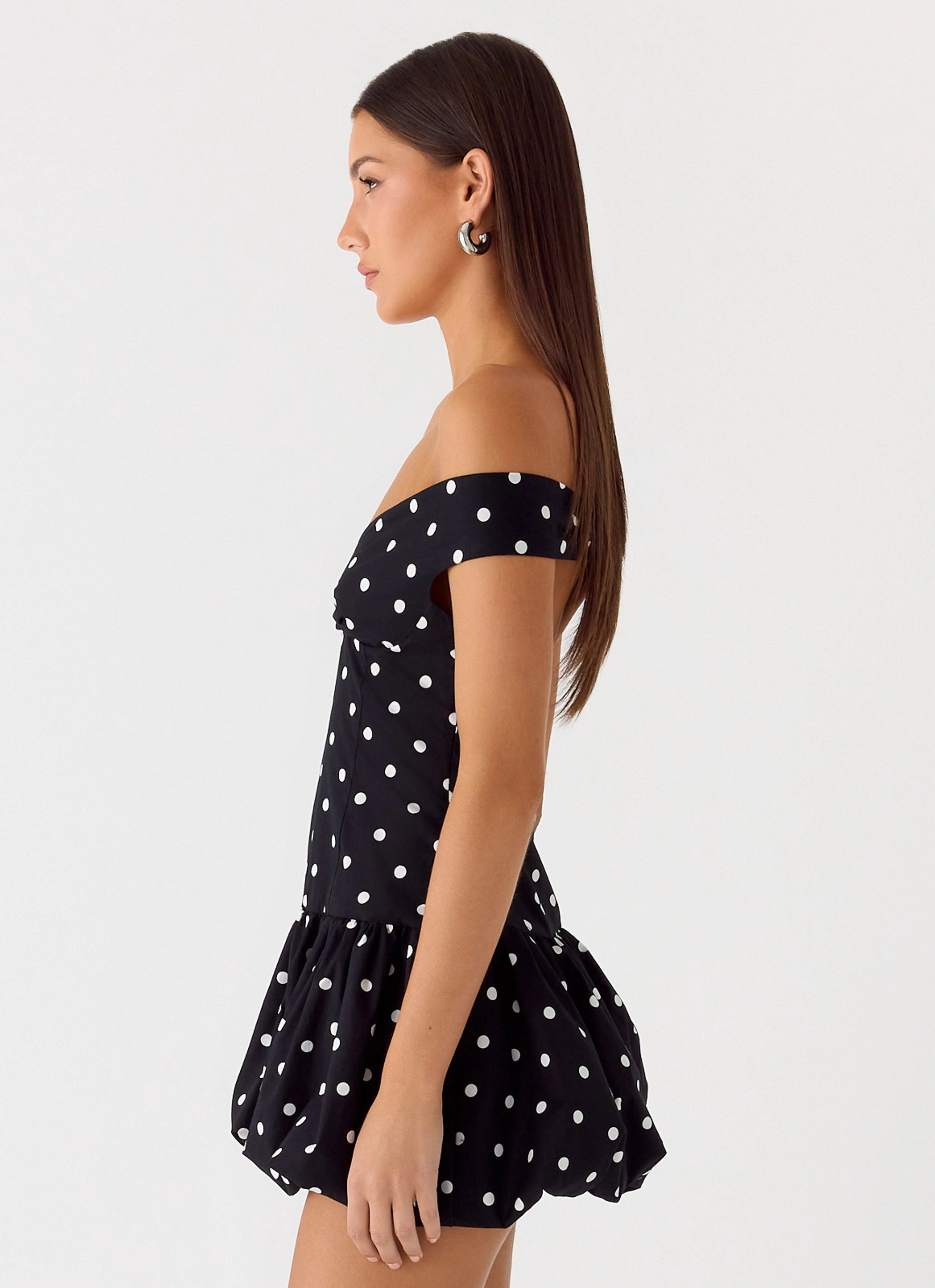 Endless Romance Off Shoulder Mini Dress - Black Polkadot