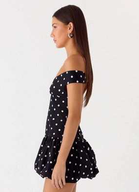 Endless Romance Off Shoulder Mini Dress - Black Polkadot Endless Romance Off Shoulder Mini Dress - Black Polkadot