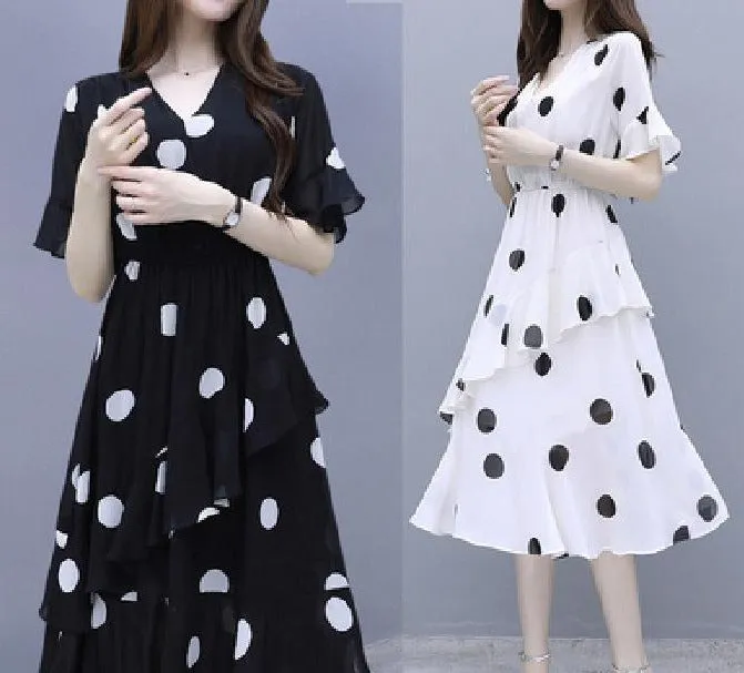 Europe Trendy Women Summer Korean Plus Size Elegant Loose Young Look Poker Dot A-Line Dress