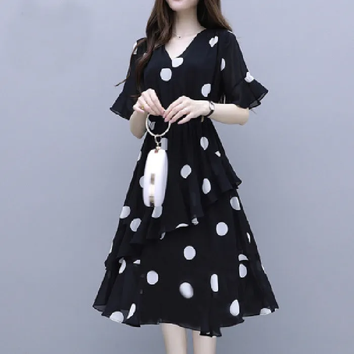 Europe Trendy Women Summer Korean Plus Size Elegant Loose Young Look Poker Dot A-Line Dress