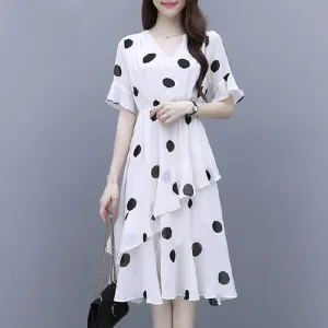 Europe Trendy Women Summer Korean Plus Size Elegant Loose Young Look Poker Dot A-Line Dress