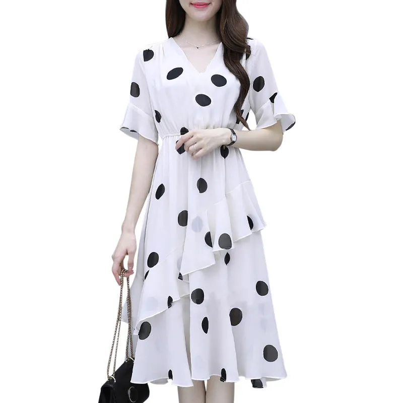 Europe Trendy Women Summer Korean Plus Size Elegant Loose Young Look Poker Dot A-Line Dress