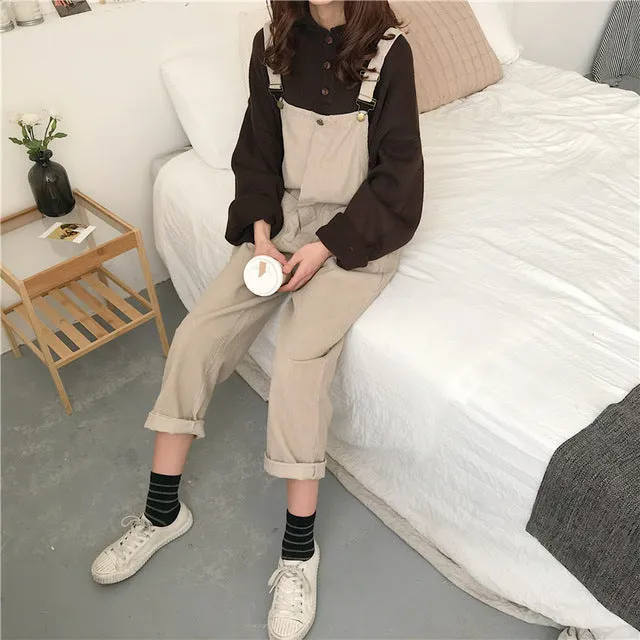 EXOTAO Corduroy Loose Casual Bodysuit for Female Retro Pocket Adjustable Lace Feminino Jumpsuits All Match Solid Lady Macacao