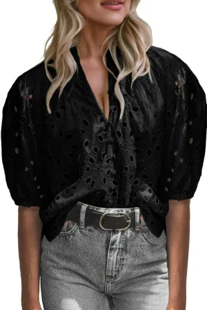 Eyelet Button Up Half Sleeve Blouse