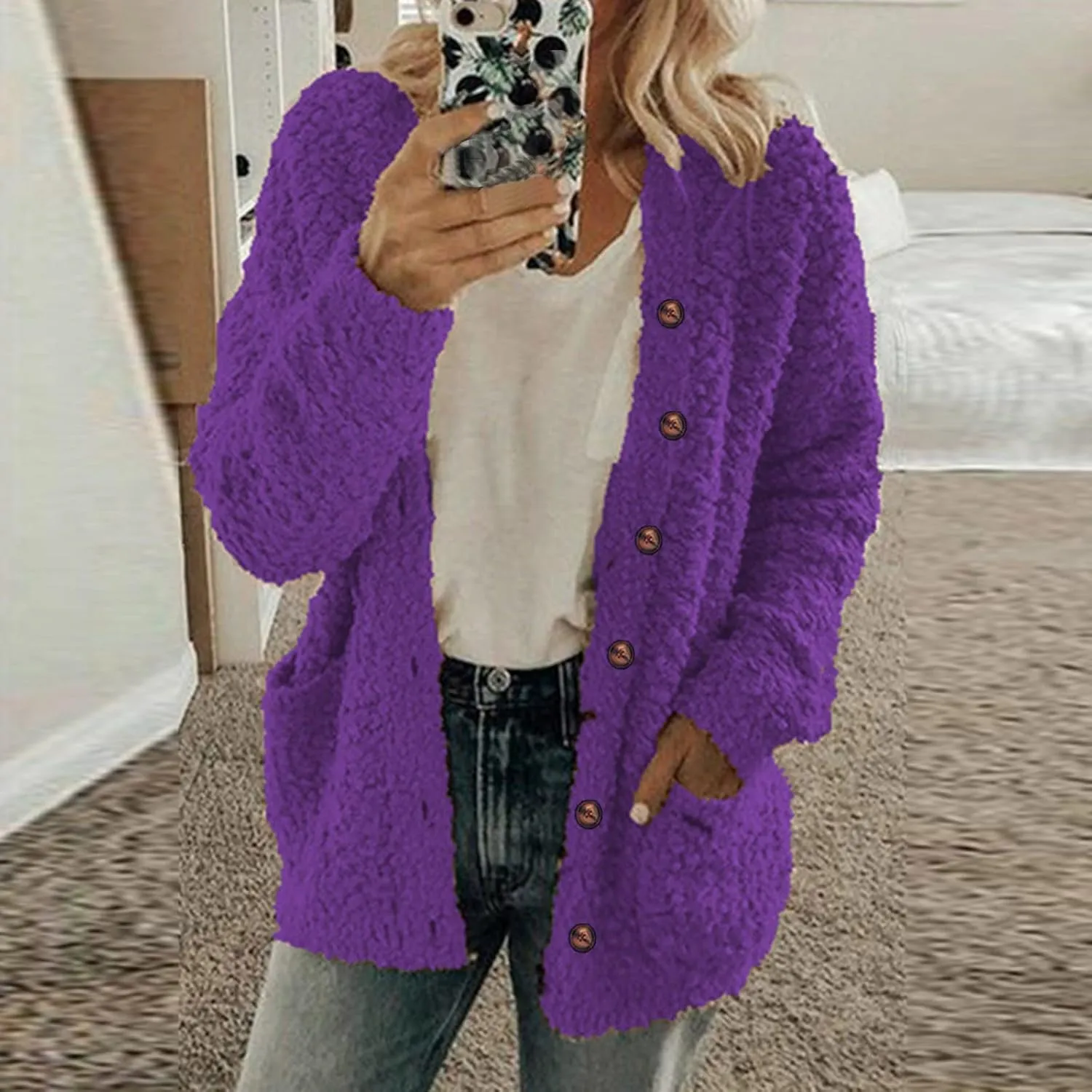 Fall Winter Coats for Women 2025 Casual Plush Jackets Plus Size Sweater Coat with Pockets Outerwear Buttons Cardigan