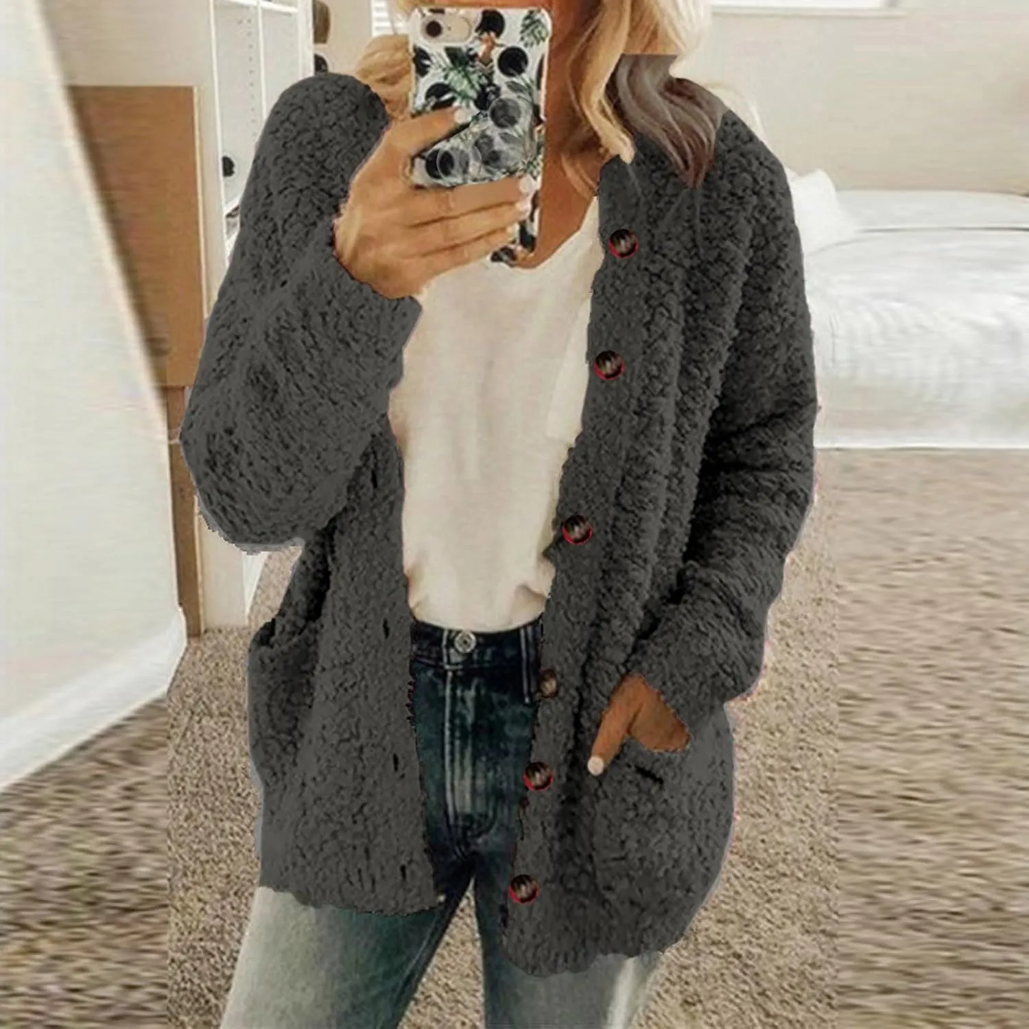 Fall Winter Coats for Women 2025 Casual Plush Jackets Plus Size Sweater Coat with Pockets Outerwear Buttons Cardigan