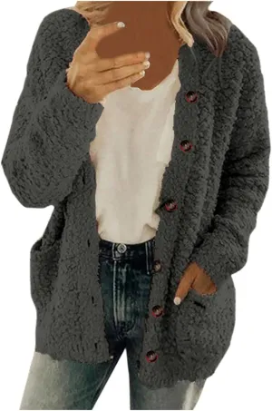 Fall Winter Coats for Women 2025 Casual Plush Jackets Plus Size Sweater Coat with Pockets Outerwear Buttons Cardigan