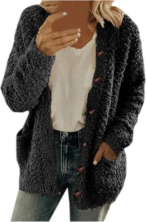 Fall Winter Coats for Women 2025 Casual Plush Jackets Plus Size Sweater Coat with Pockets Outerwear Buttons Cardigan