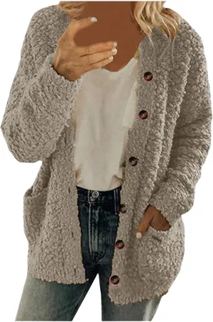 Fall Winter Coats for Women 2025 Casual Plush Jackets Plus Size Sweater Coat with Pockets Outerwear Buttons Cardigan
