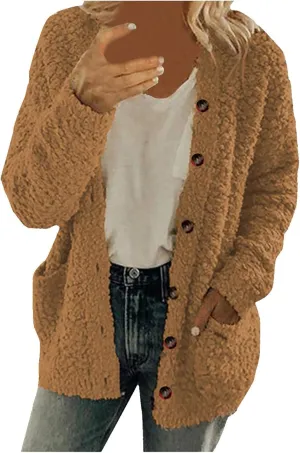Fall Winter Coats for Women 2025 Casual Plush Jackets Plus Size Sweater Coat with Pockets Outerwear Buttons Cardigan